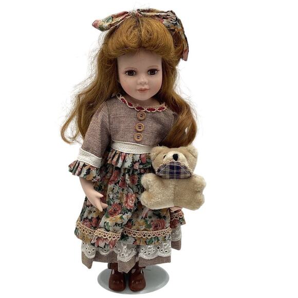 Vintage 16" Porcelain Doll with Teddy Bear & Floral Dress - Picture 1 of 11